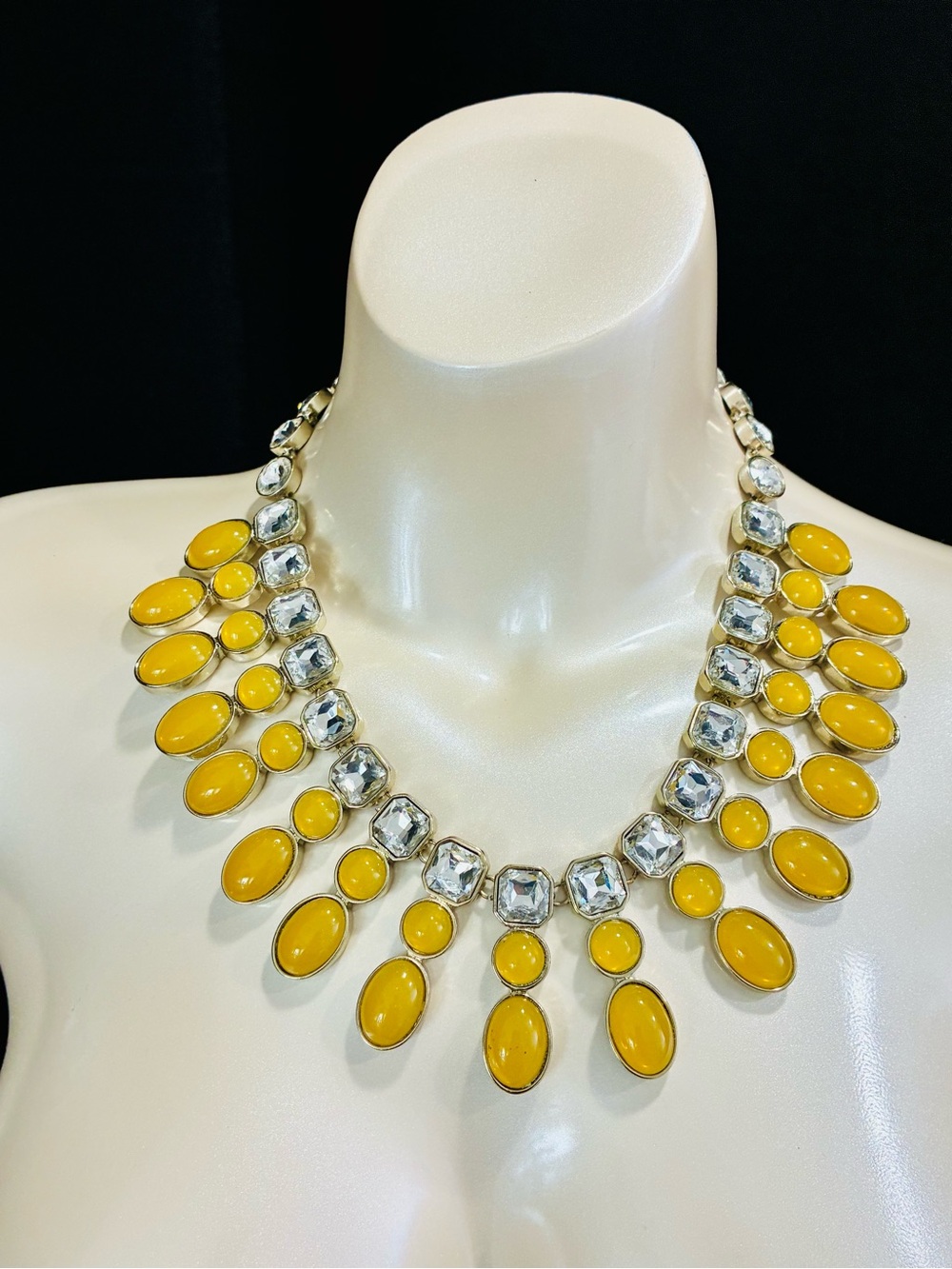 Dramatic Yellow Statement Bib Necklace with Clear Crystal Accents Bold EUC
